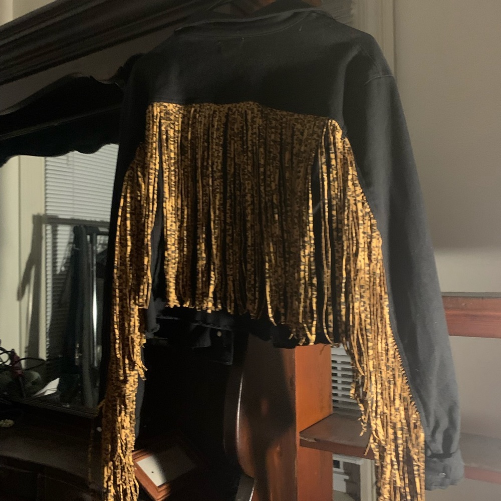 Black Denim Jacket w/ Leopard Fringe